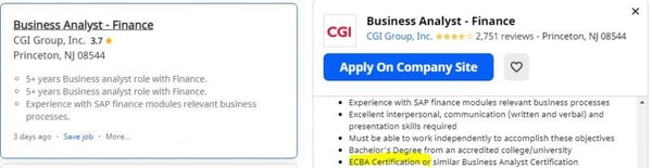 BA opening in CGI Group, Inc., Princeton, NJ, US