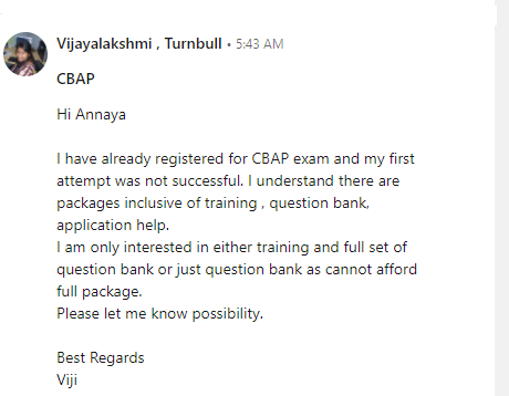 Vijayalakshmi testimonial after acing CBAP