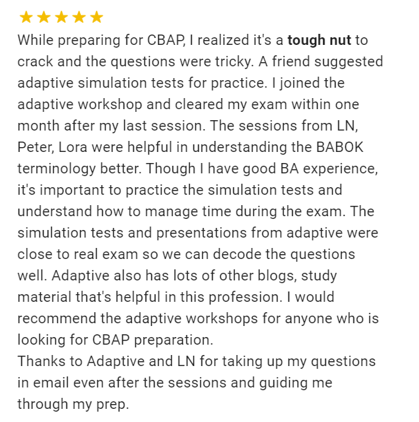 Client testimonial after cracking CBAP